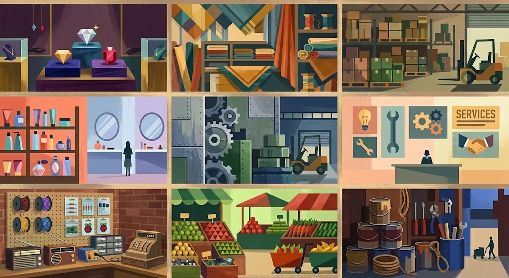 Nine small businesses side by side: a jeweller, a fabric shop, a

               warehouse, a chemist, a machine works, a service desk, an

               electrical shop, a produce market and a hardware store.